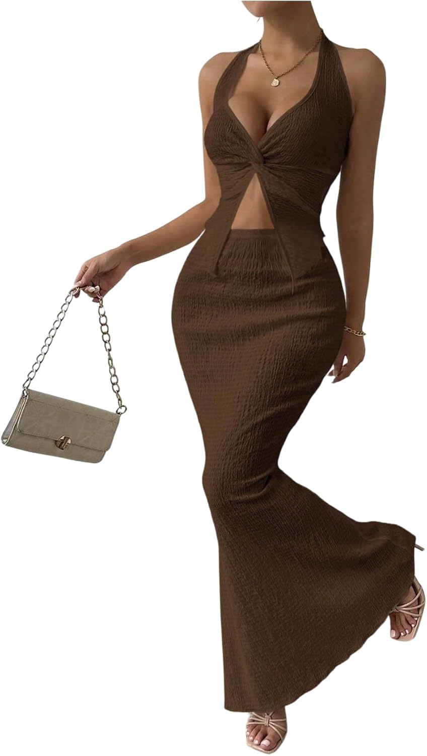 Stylish Women's Two Piece Outfits with Twist Front Halter Design