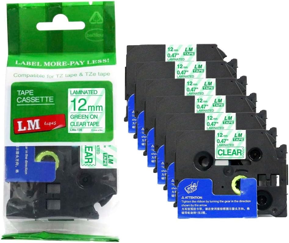 6/Pack LM Tapes Compatible TZe-136 Green on Clear Label Tape