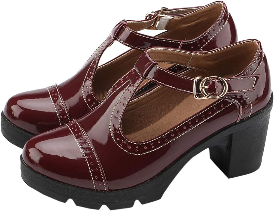 DADAWEN Women's Classic T-Strap Platform Mid-Heel Oxfords Shoes
