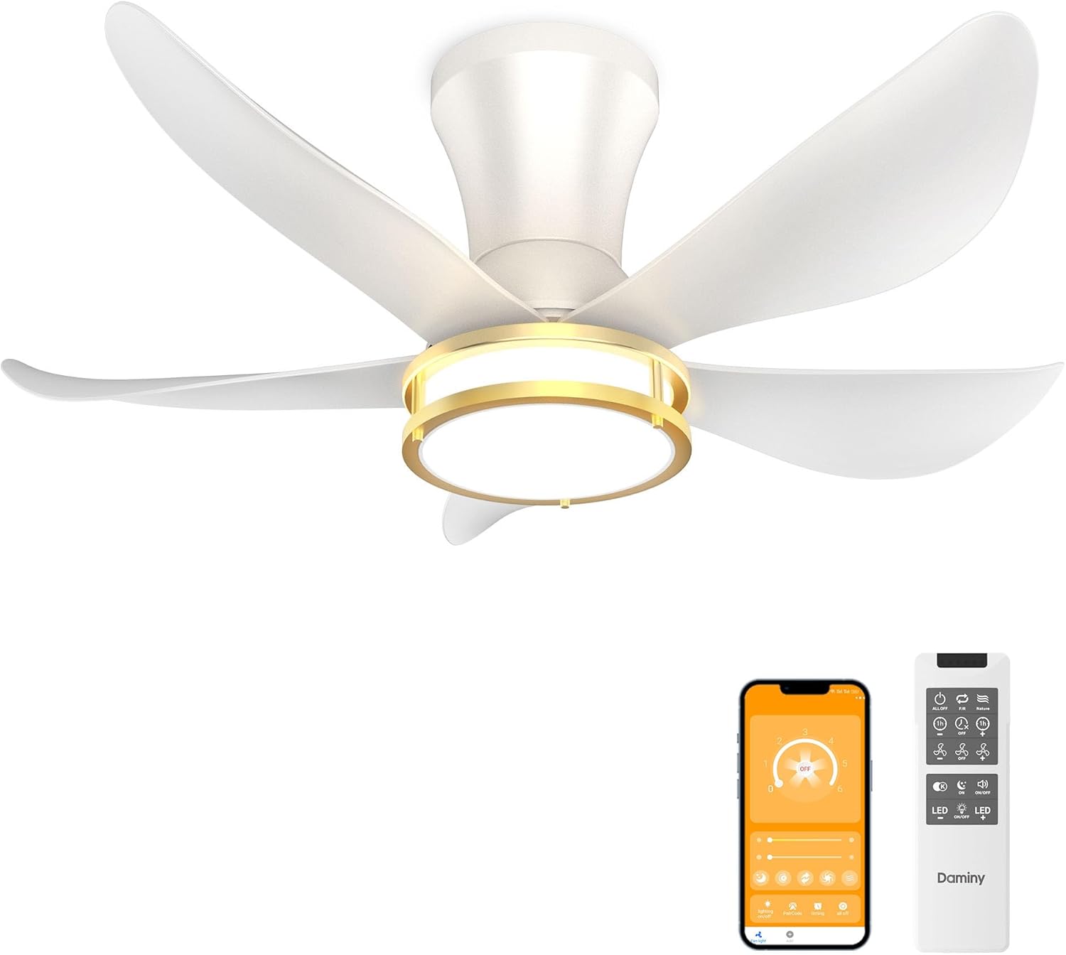 DAMINY 30 Inch White and Gold Ceiling Fan with Light and Remote