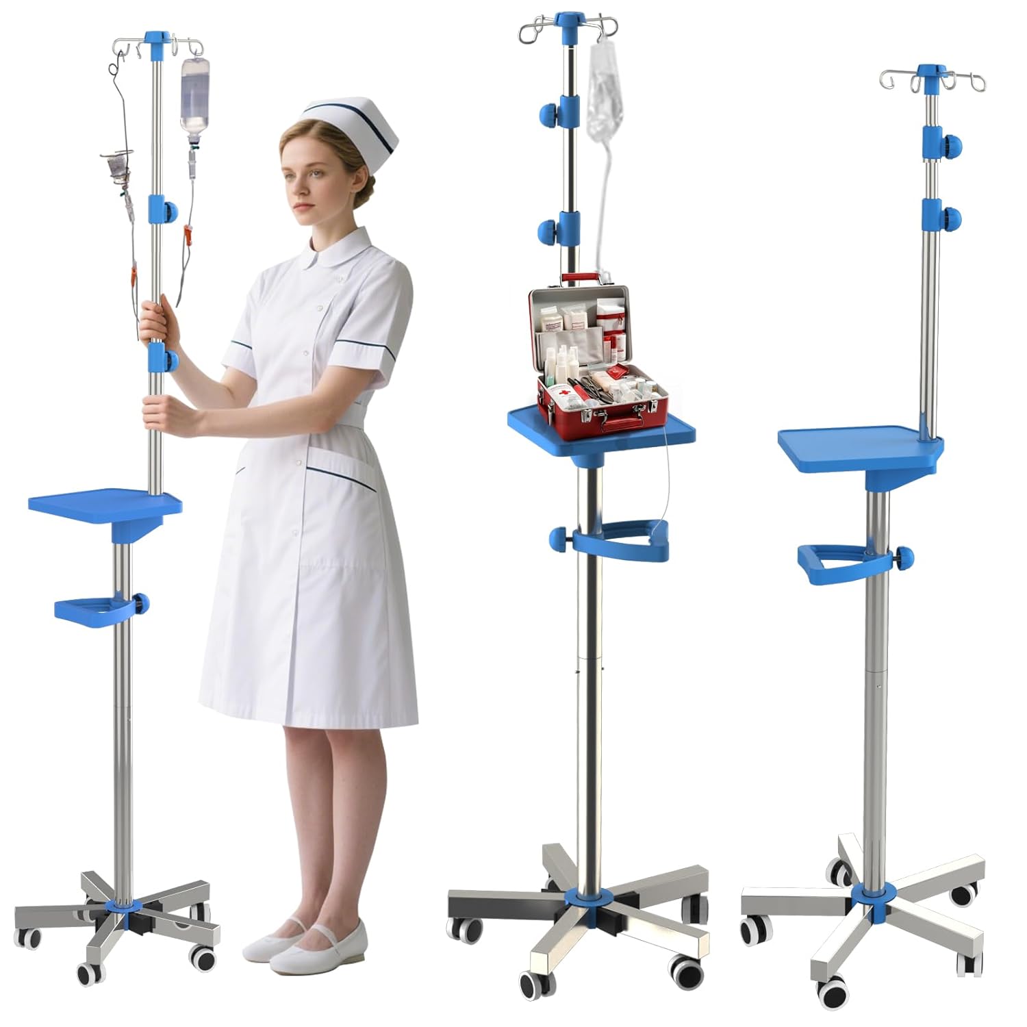 Height Adjustable IV Pole on Wheels for Hospital and Home Use