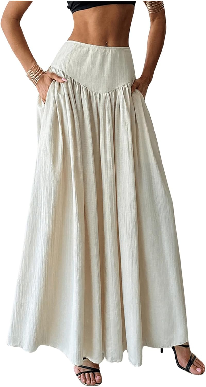 Pleated Flowy Long Skirts for Women - High Waist Maxi Skirt