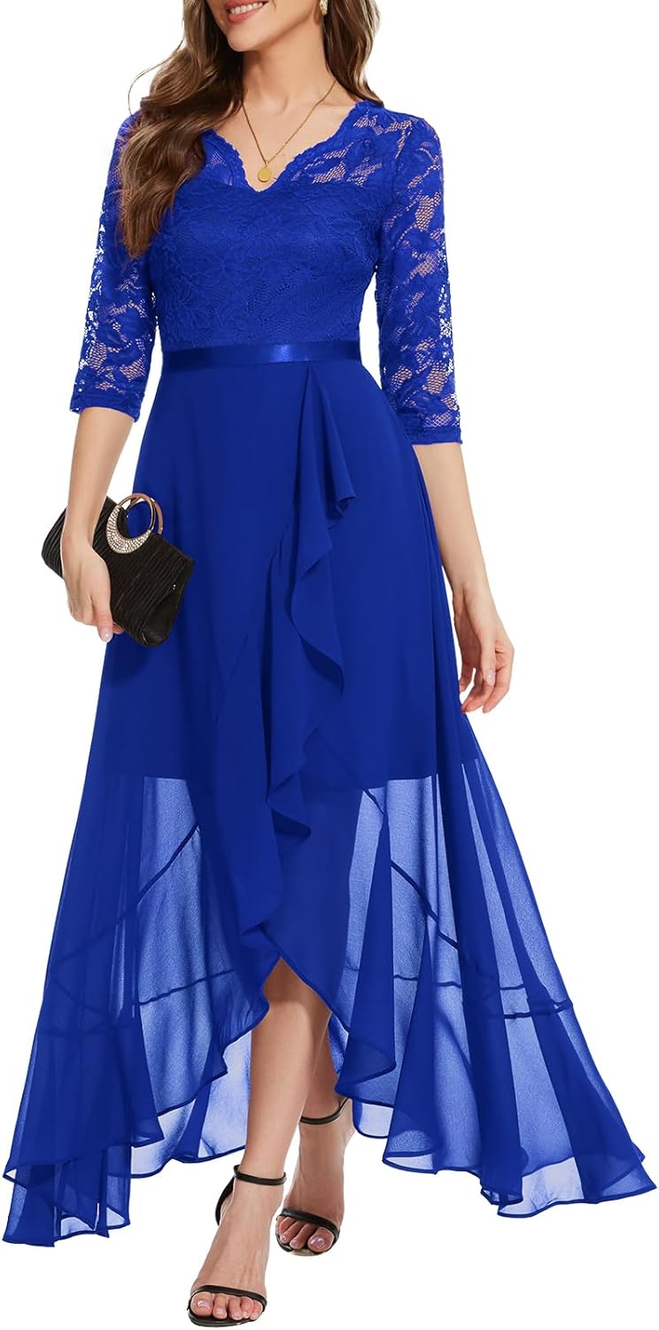 Elegant V-Neck Hi-Lo Floral Lace Dress for Wedding Guests