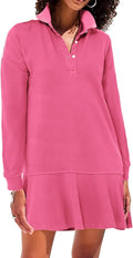 Women's Polo Dress Long Sleeve Collared V-Neck Ruffle Hem