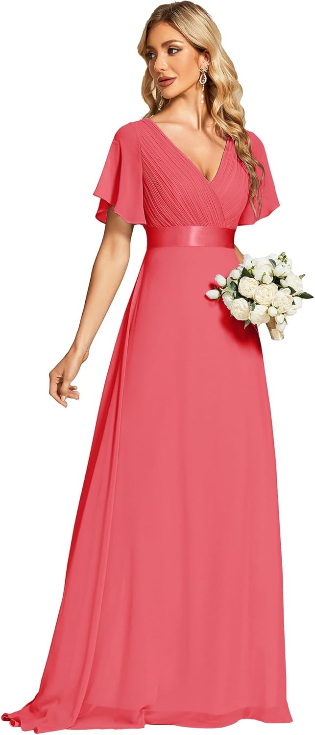 Classic Chiffon Short Sleeve V-Neck Floor Length Bridesmaid Dress