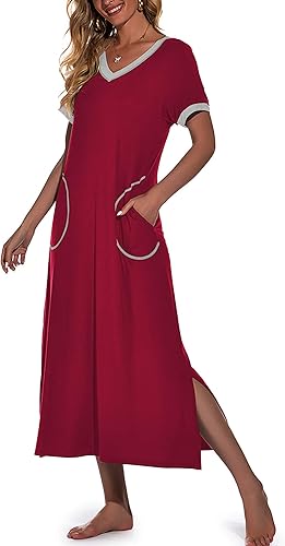 PrinStory Womens Long Nightgown V-Neck Soft Loungewear with Pockets
