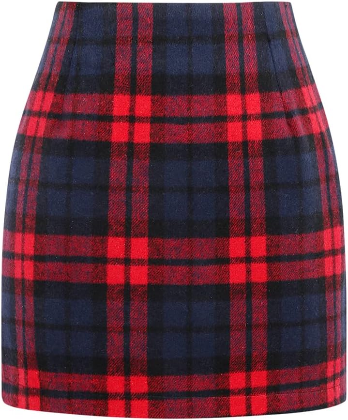 Wool Plaid Mini Skirt for Women - High Waisted Bodycon Style
