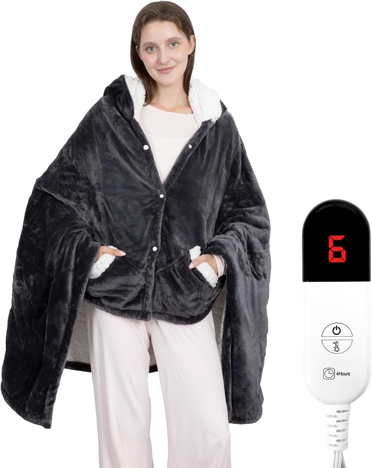 Wearable Heated Throw Blanket with Hoodie and Pockets for Comfort