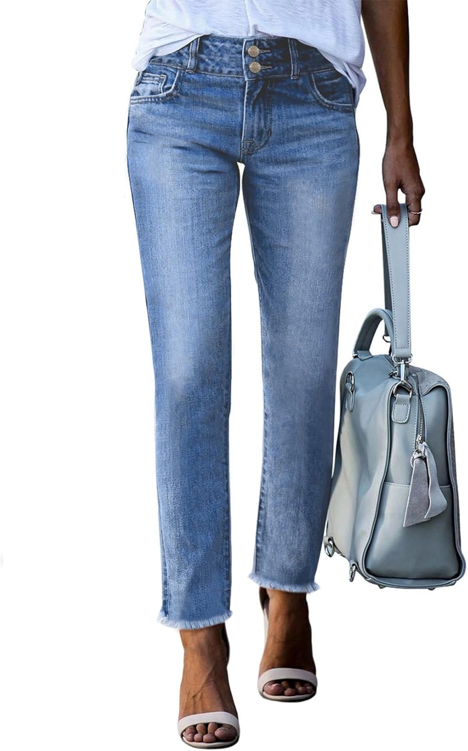 High Waisted Straight Leg Jeans with Raw Hem for Women