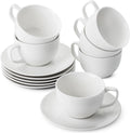 Tea Cups and Saucers Set of 6 (8 oz) - Elegant White Porcelain