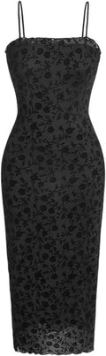 Women's Floral Mesh Lettuce Trim Sleeveless Bodycon Long Cami Dress