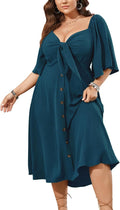 Plus Size Summer Dress Deep V Neck Smocked Button Down Midi
