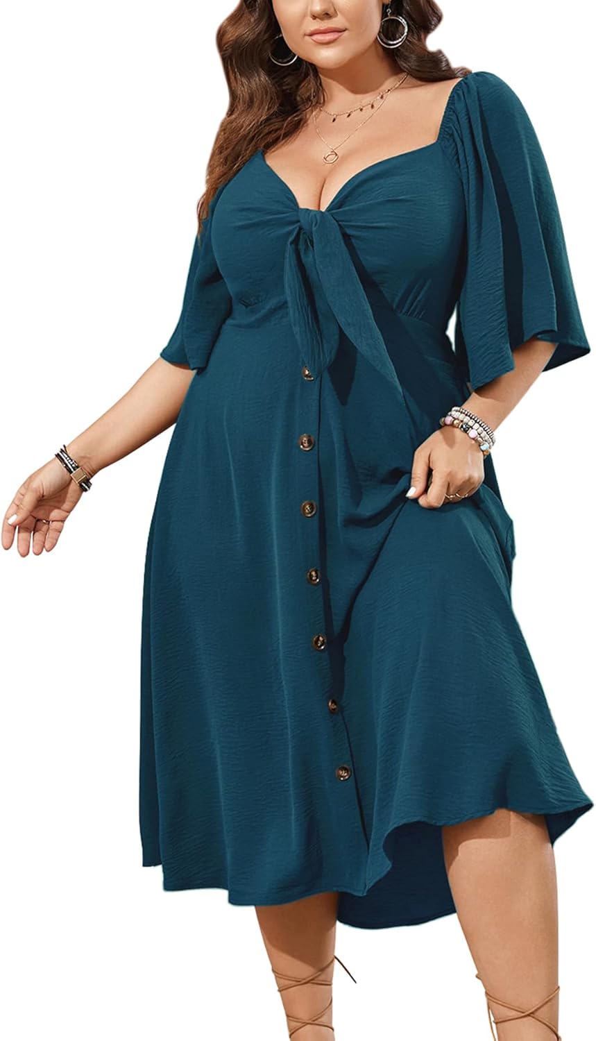 Plus Size Summer Dress with Bow Tie Deep V Neck Design