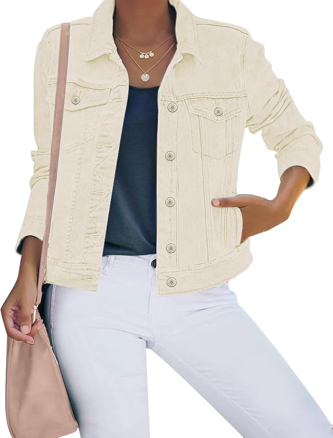 Luvamia Women's Basic Button Down Stretch Fitted Denim Jacket