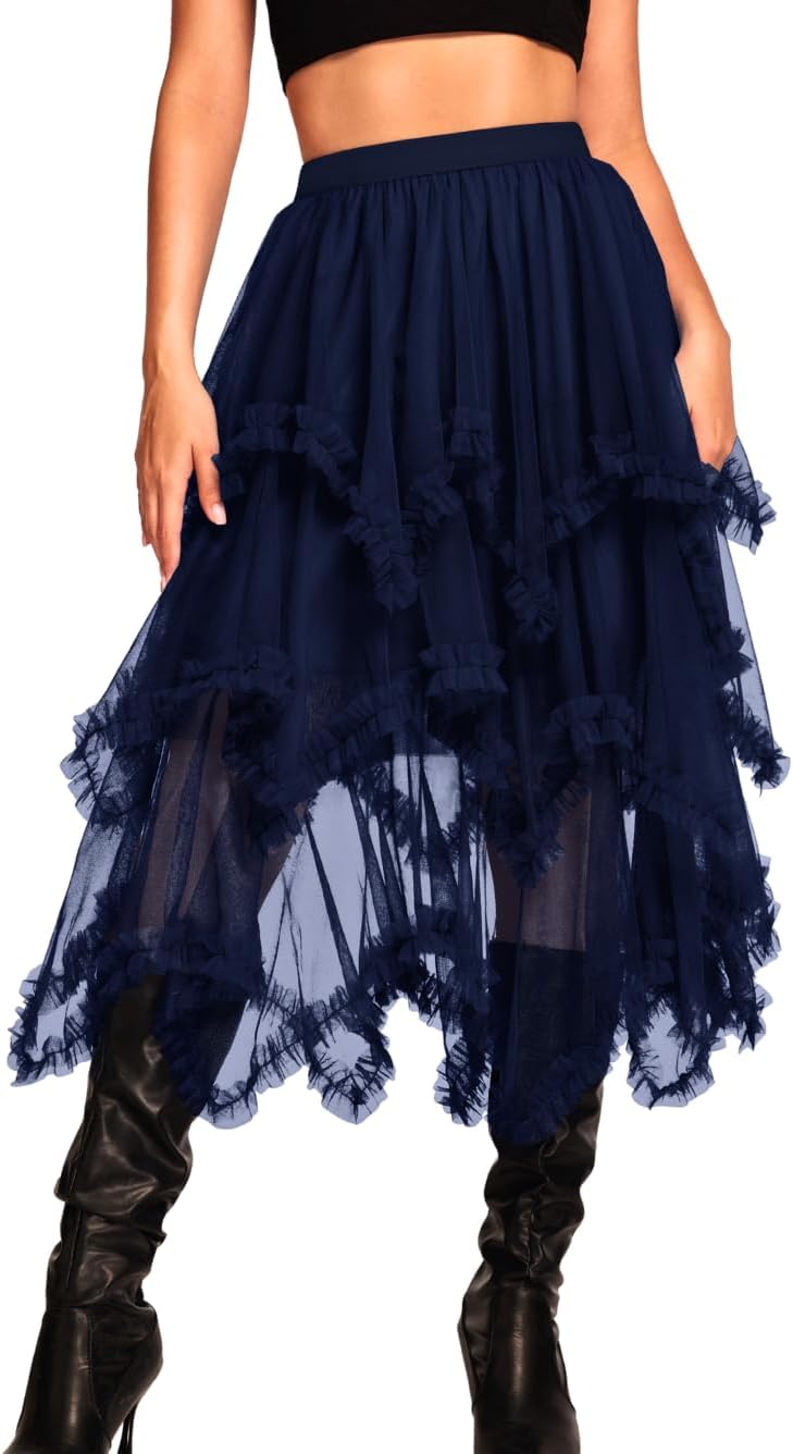 Kaei&Shi Long Tulle Skirt for Women - Asymmetrical Ruffle Design