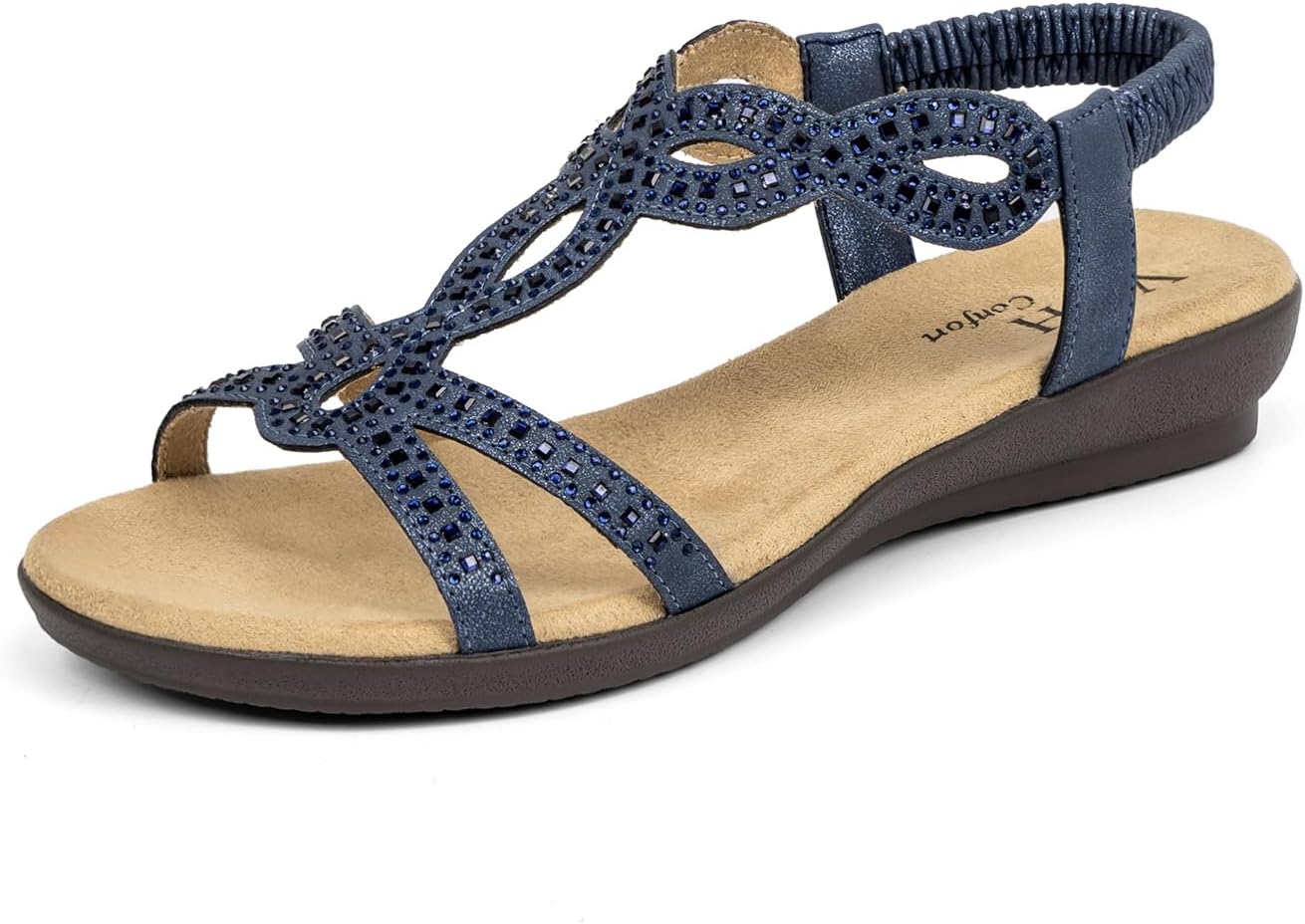 VJH confort Womens Flat Sandals with Rhinestone Open Toe Design