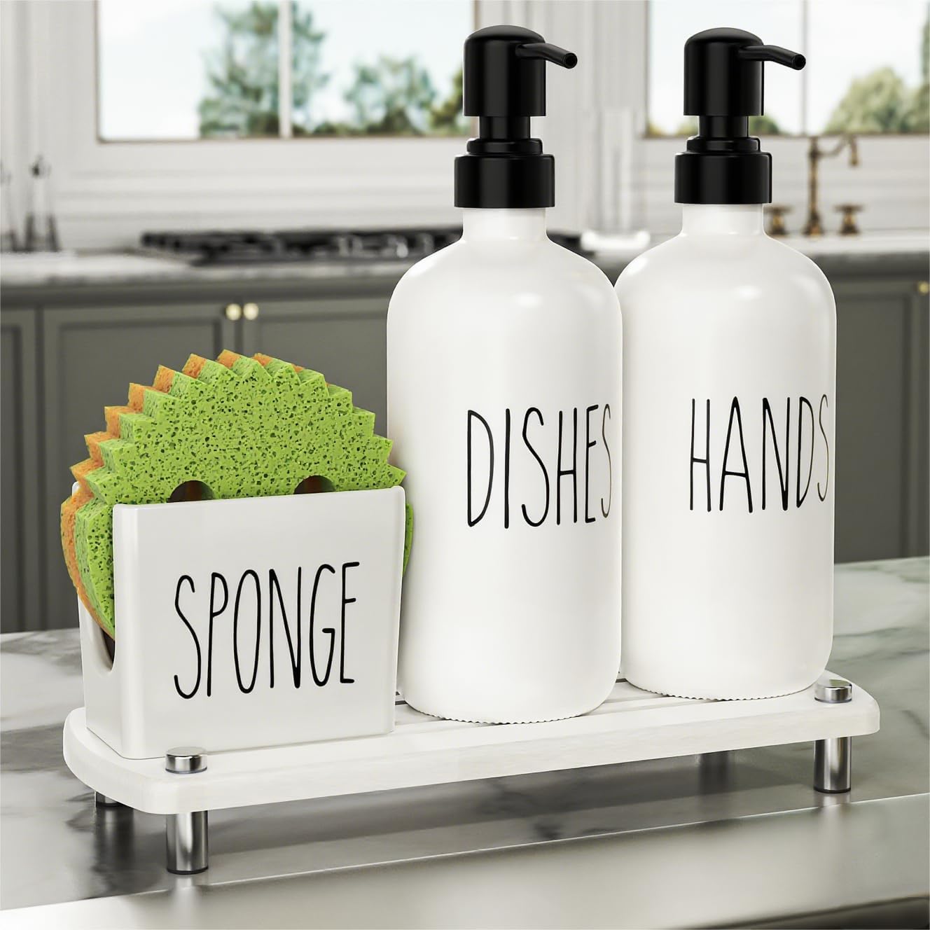 Cisily Kitchen Soap Dispenser Set with Sponge Holder and Tray