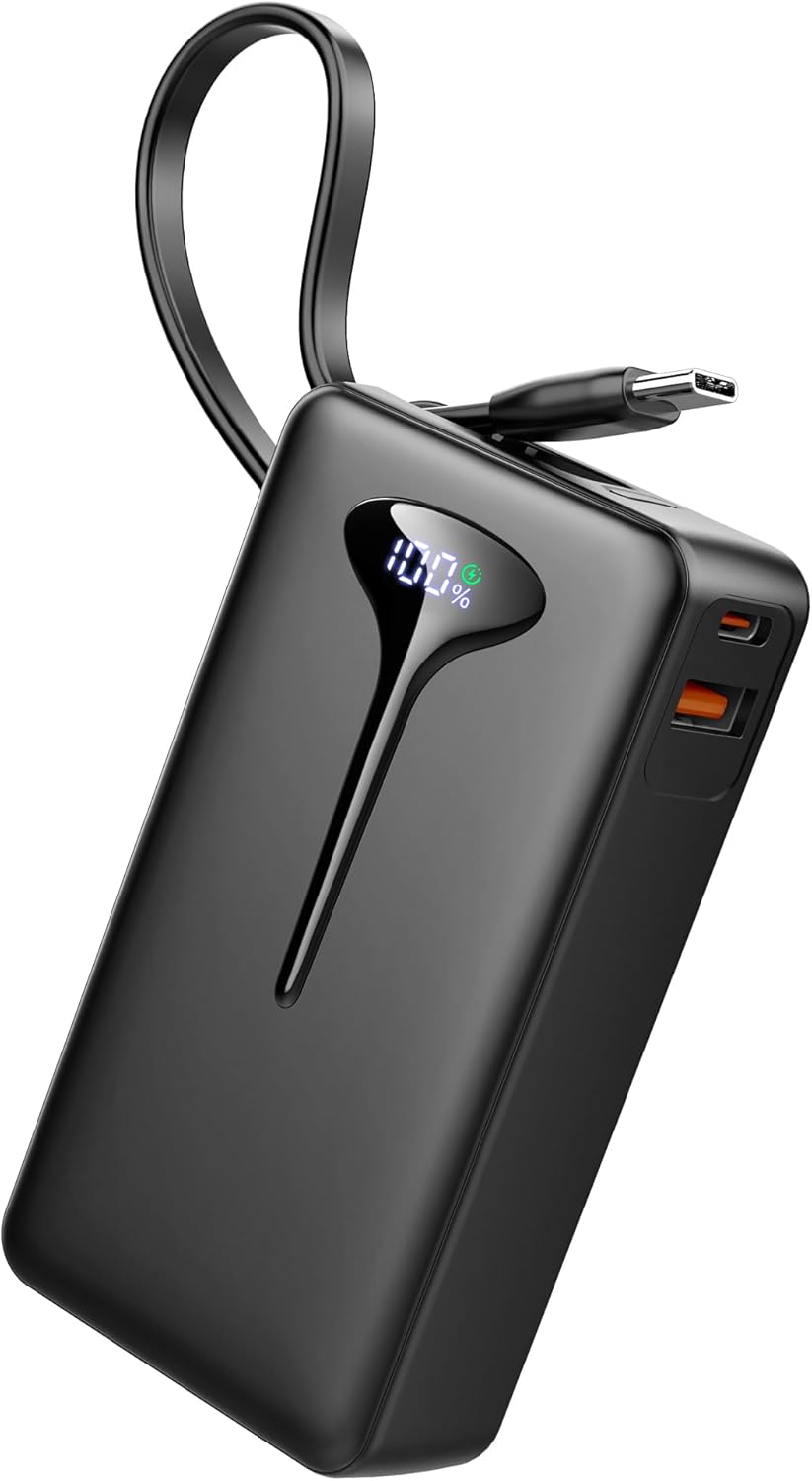 10000mAh Portable Charger with Fast Charging and Built-in Cable