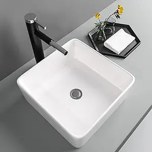 Square Vessel Sink - Modern 15x15 White Ceramic Bathroom Sink