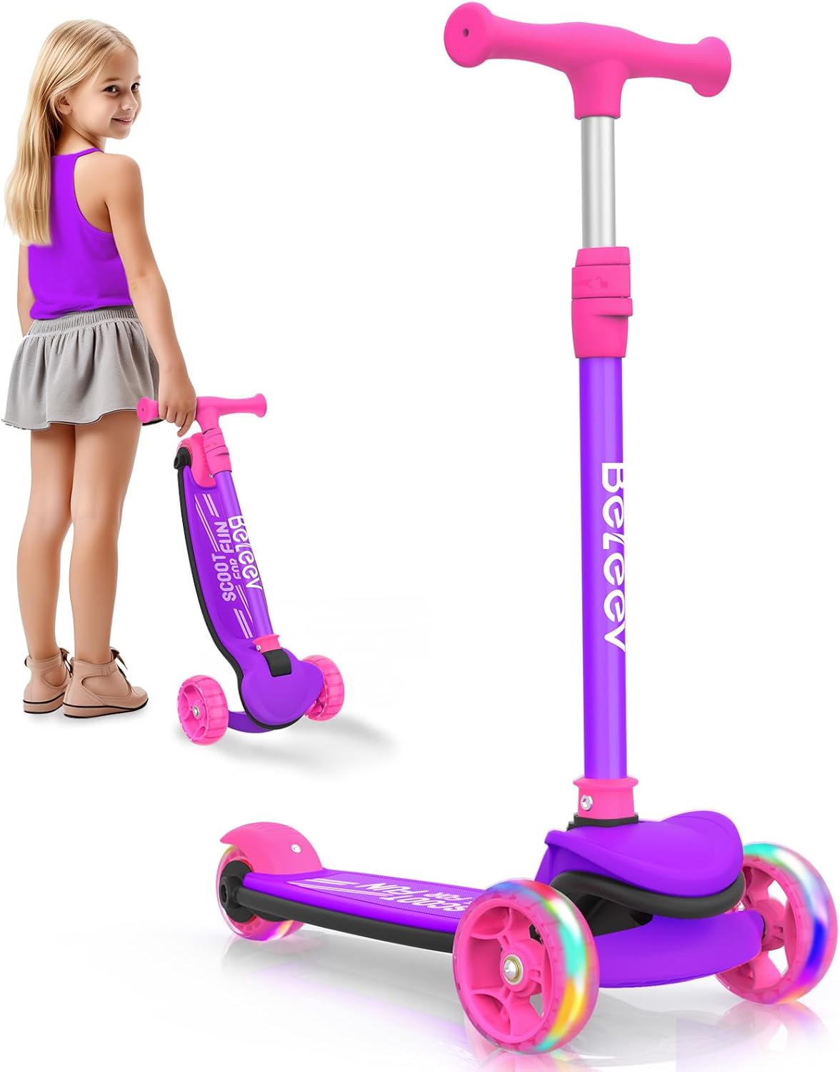 BELEEV A8 Scooter for Kids with LED Light-Up Wheels and Safety