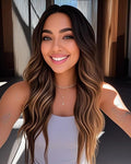 Long Brown Blonde Highlights Wig 26in Wavy Curly - Natural Middle Part