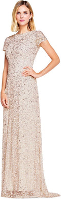 Short-Sleeve Sequin Gown for Women - Scoop Back Evening Dress