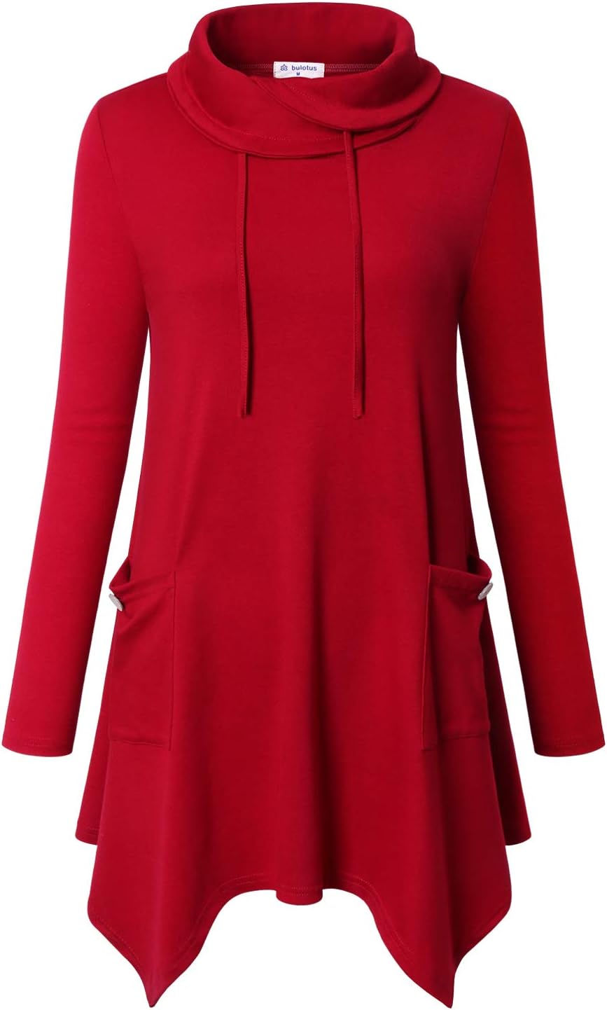Bulotus Fall Sweaters for Women Cowl Neck Asymmetrical Tunics