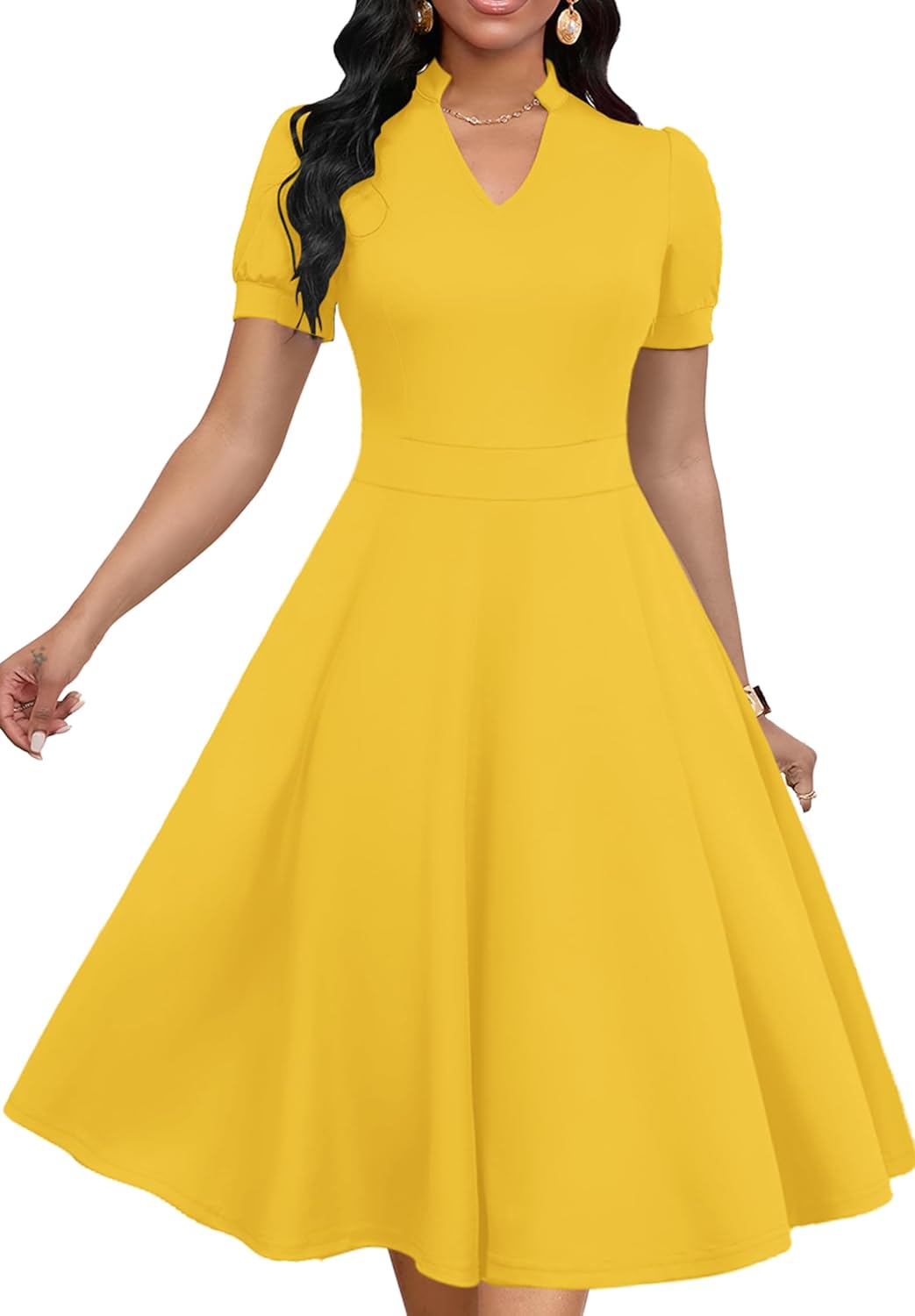 Womens Short Puff Sleeve V Neck Casual A-Line Cocktail Dress