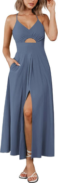 Spaghetti Strap Midi Dress with Cutout and Pockets (Style ZB4H)
