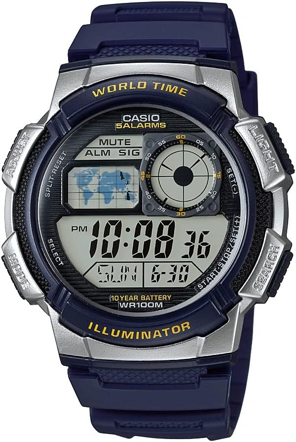 Casio Mens Digital Watch | 100M WR | Multi-Alarm | Stopwatch | World Time