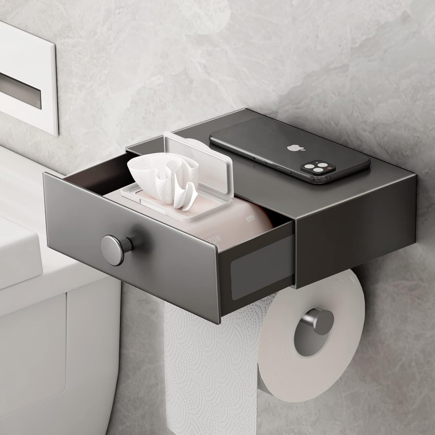 VOLDRA Toilet Paper Holder with Shelf for Tidy Bathroom Storage