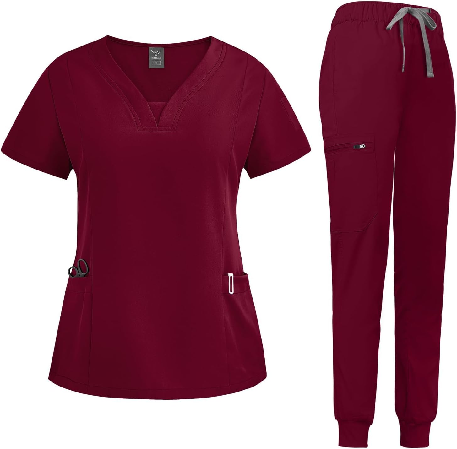 Niaahinn Scrub Suit Set for Women with V-neck Top & Jogger Pants