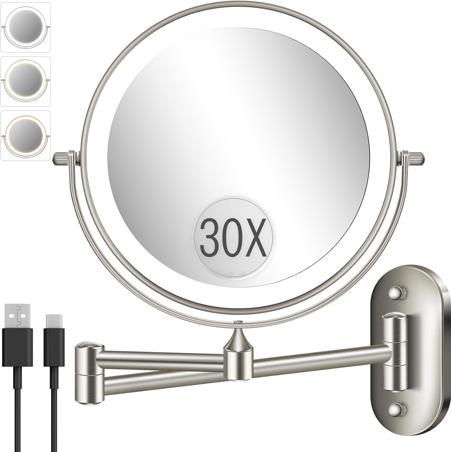 30X/1X Wall Mounted Lighted Makeup Mirror for Perfect Makeup