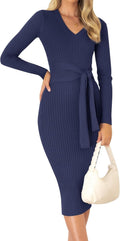 ZESICA V Neck Ribbed Knit Sweater Dress - Slim Midi Fall Staple