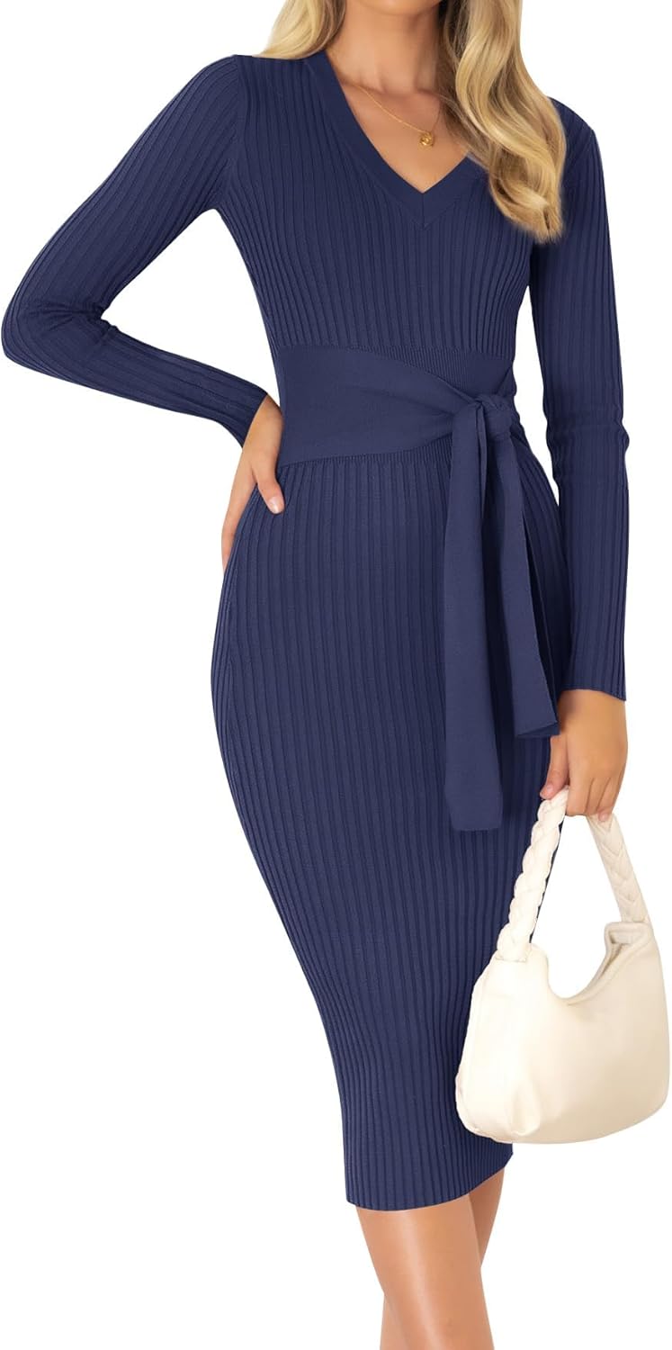 ZESICA Women's Fall Sweater Dress V Neck Long Sleeve Midi