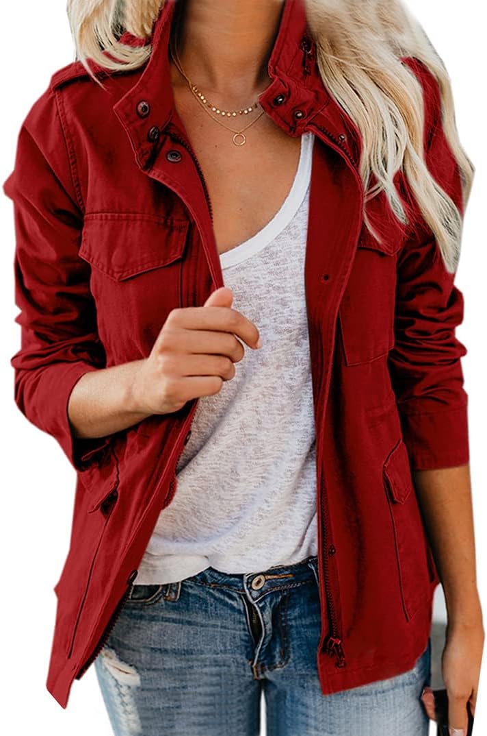 Chouyatou Women's Fall Stand Collar Zip Up Military Jacket
