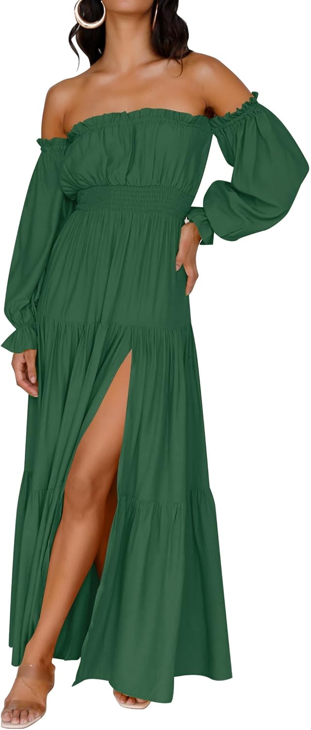 ZESICA Women's Boho Off Shoulder Long Sleeve Maxi Dress