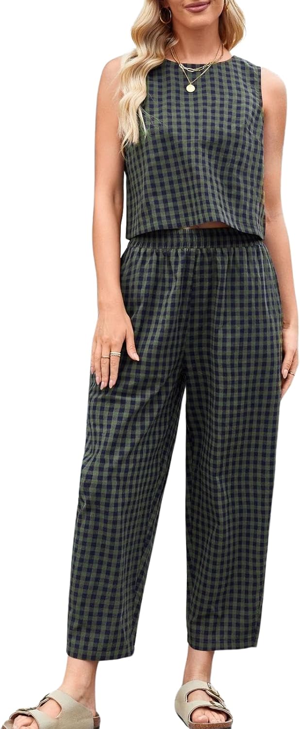 Womens Cotton Checker Set 2 Piece Beach Vacation Outfit