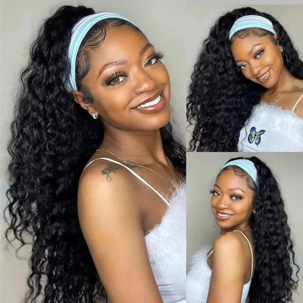 Long Headband Wig Human Hair Deep Wave for Black Women 26 in