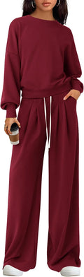 Womens 2 Piece Knit Sweatshirt and Wide Leg Pants Set - Breathable