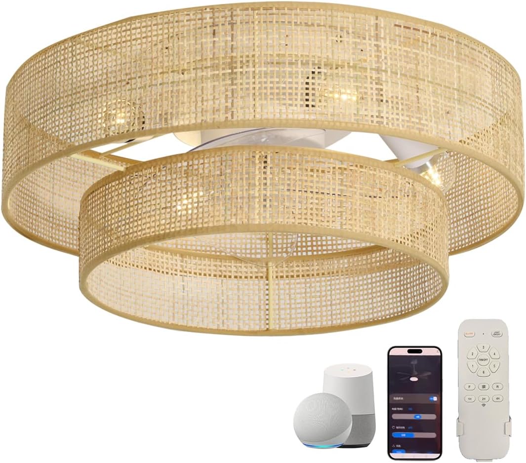 20 in Bamboo Small Smart DC Ceiling Fan with Lights and Remote