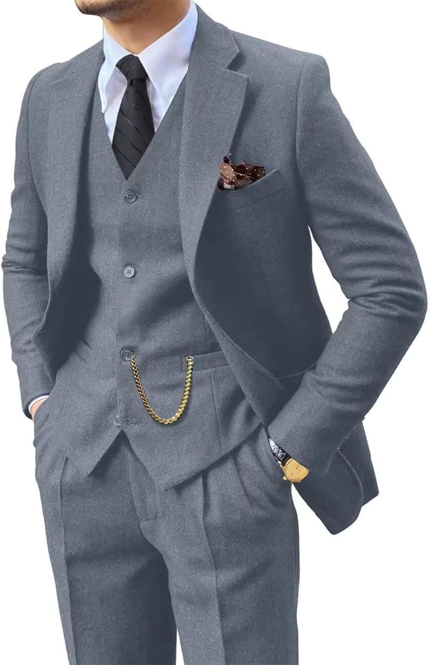Retro 3 Piece Suit Tweed Herringbone Slim Fit Groom Tuxedos Set