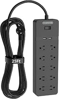 Flat Plug Extension Cord 25 Ft Power Strip Surge Protector - 10