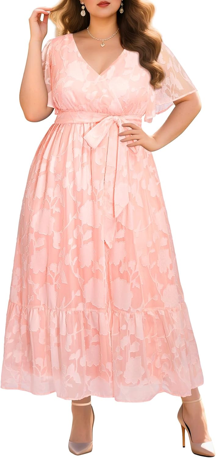 Plus Size Wrap V Neck Maxi Dress for Wedding Guests and More