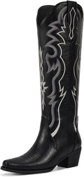 wetkiss Black Cowboy Boots for Women Knee High - Retro Embroidered