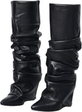 Slouched Ruched Fold Over Knee High Wedge Boots - Wide Calf Comfort