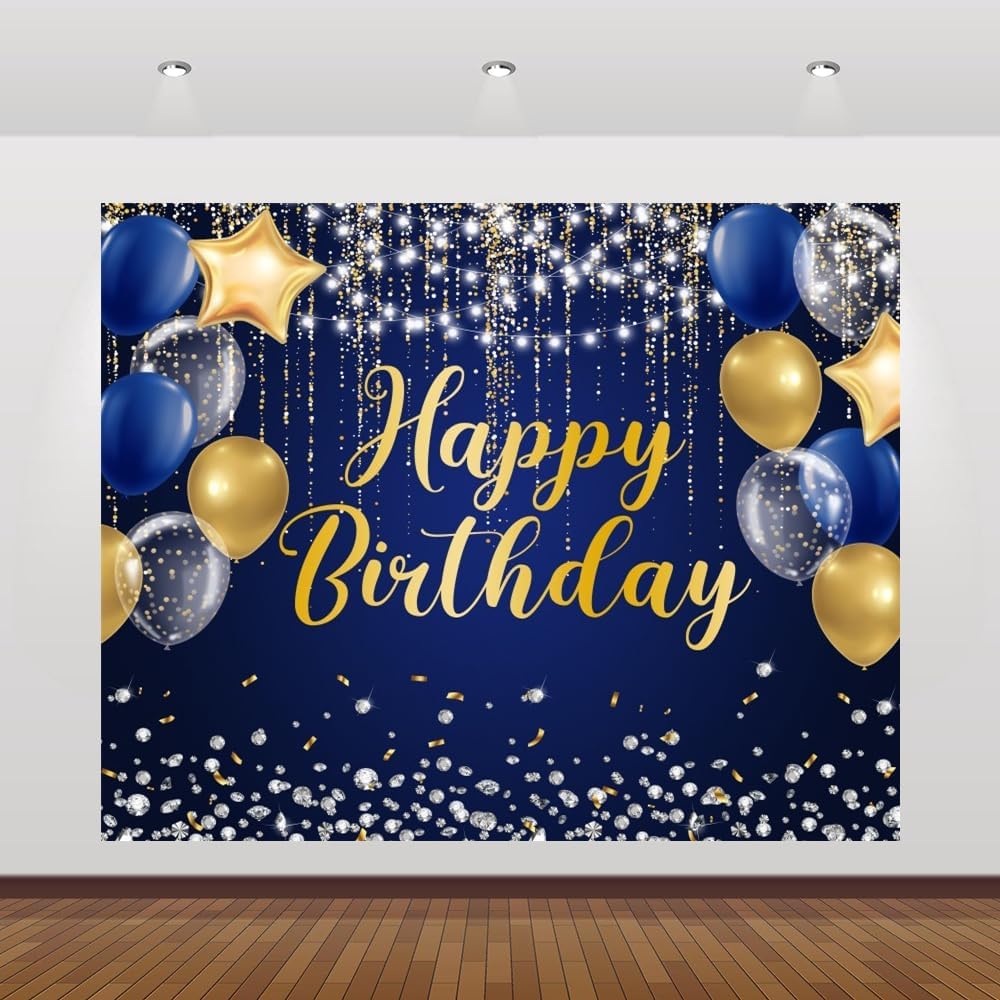 Navy Blue and Gold Happy Birthday Backdrop for Celebrations