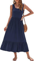 Womens Summer Maxi Dress Sleeveless Square Neck Tiered - Flowy Comfort