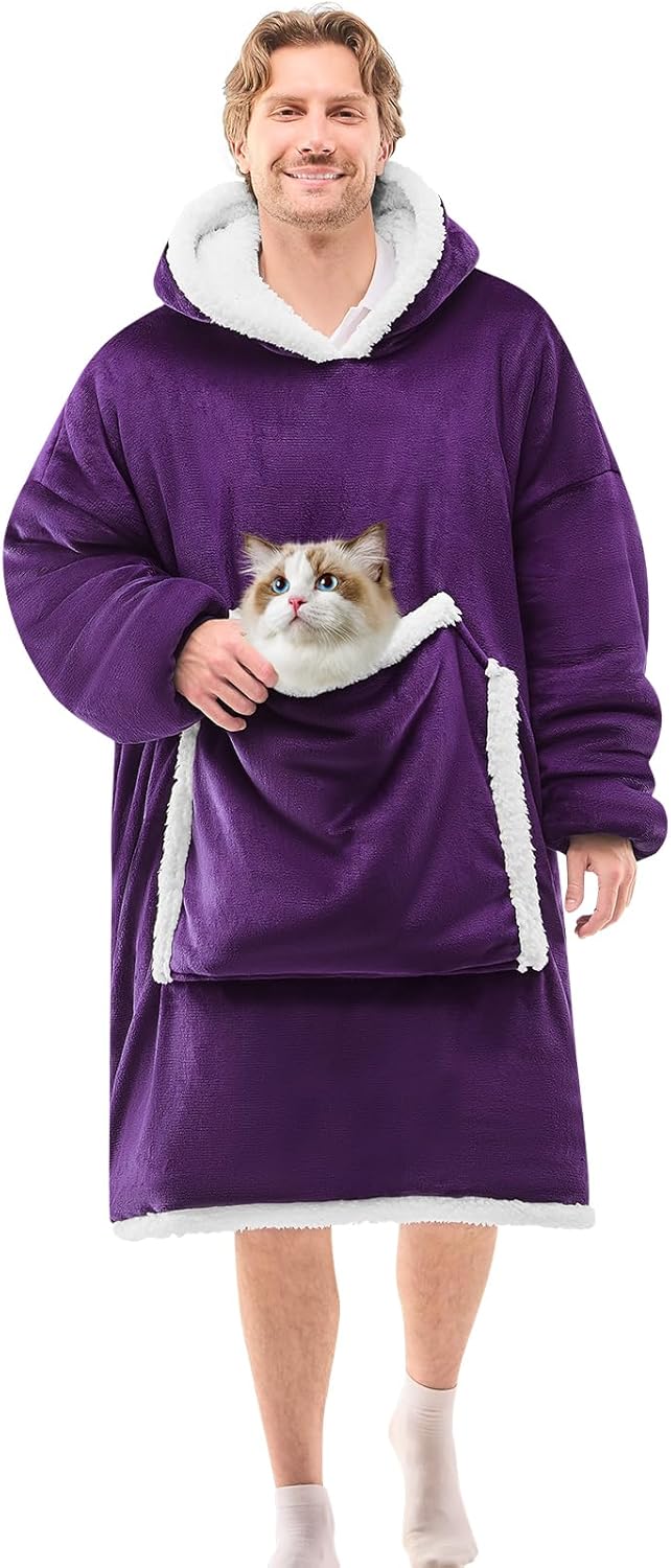 JOYWOO Purple Oversized Wearable Blanket Hoodie for Cat Lovers