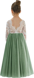 Girls Peony Lace Back A-Line Tulle Party Dress - Long Sleeve